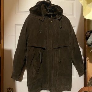 Hooded suede faux fur lined coat